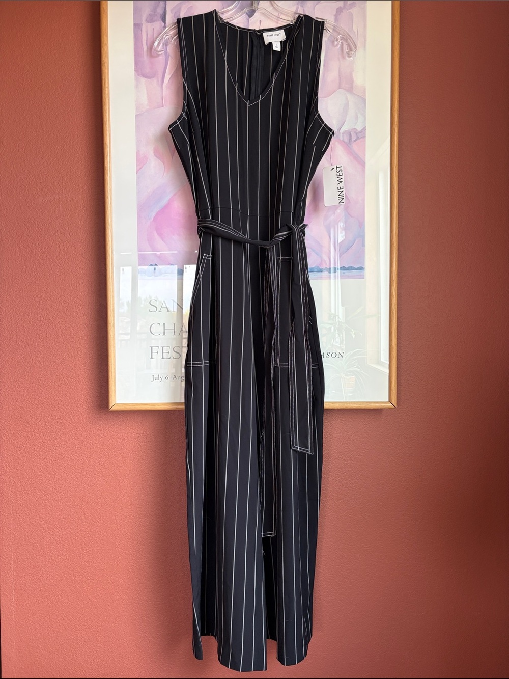 NWT Nine West sleeveless striped jumpsuit with V-neck & wide leg, size L